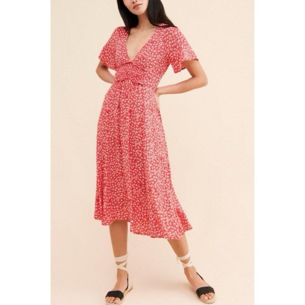 Free People Womens Red In Full Bloom Deep V-Neck Smocked Fit & Flare Midi Dress